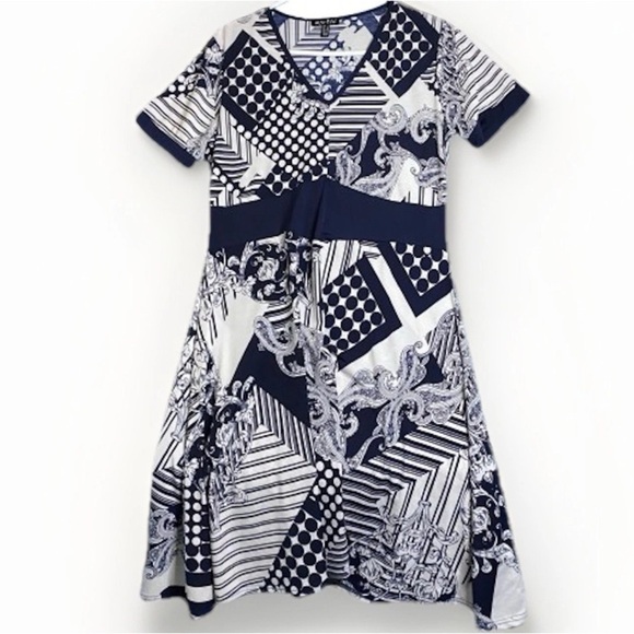 Marble Navy Geometric Patchwork Design Navy Shift Dress Lightweight Breezy Sz M - Picture 1 of 6